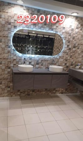 مغسلة دولاب خشب رمادي غامق حوض لون أبيض لامع  LED مراية  140 سم