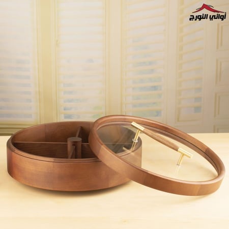 صحن خشب مقسم دائري بغطاء فاخر
