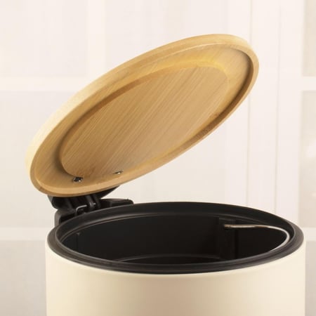 سلة مهملات بيج دائري بغطاء خشب