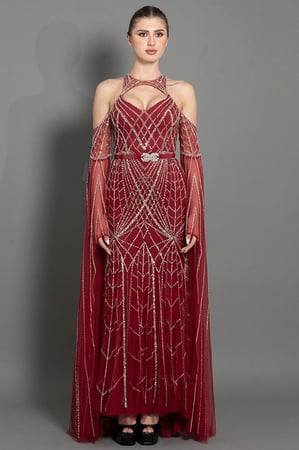 فستان سهرة اوف شولدرز شك كامل بالكريستال بأكمام طويله احمر