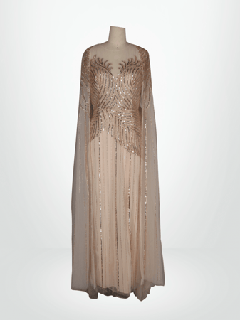 فستان سهرة تول شك بالكامل بفتحة من الامام مع كيب خارجي طويل شك بالكامل