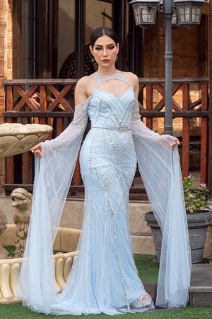 فستان سهرة اوف شولدرز شك كامل بالكريستال بأكمام طويله سماوي