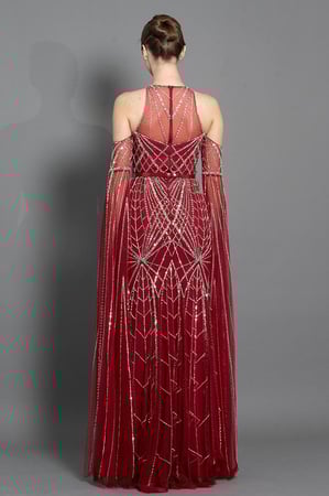 فستان سهرة اوف شولدرز شك كامل بالكريستال بأكمام طويله احمر