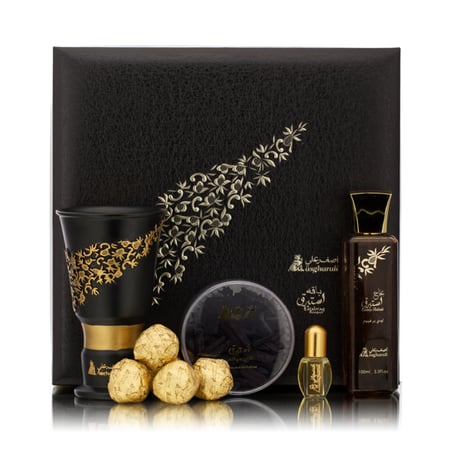 باقة استبرق من اصغر علي , تحتوي على مبخرة وبخور ودهن وعطر وعود