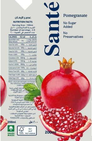 القيمة الغذائية عصير رمان طبيعي سانتي بدون سكر 200 مل.