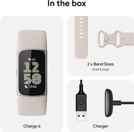 جهاز تتبع اللياقة البدنية Fitbit Charge 6 مع تطبيقات Google، ومعدل ضربات القلب على معدات التمرين، وعضوية مميزة لمدة 6 أشهر، ونظام تحديد المواقع العالمي (GPS)، وأدوات صحية، والمزيد، لون بورسلين/فضي، مقاس واحد (يتضمن سوارين صغير وكبير)