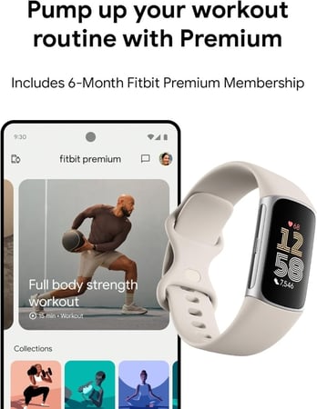 جهاز تتبع اللياقة البدنية Fitbit Charge 6 مع تطبيقات Google، ومعدل ضربات القلب على معدات التمرين، وعضوية مميزة لمدة 6 أشهر، ونظام تحديد المواقع العالمي (GPS)، وأدوات صحية، والمزيد، لون بورسلين/فضي، مقاس واحد (يتضمن سوارين صغير وكبير)
