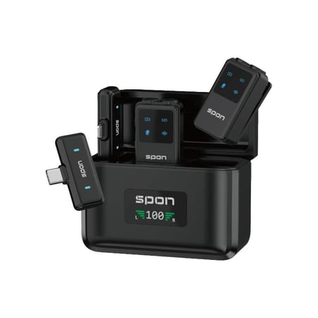 مايك لاسلكي مزدوج احترافي مع قاعدة شحن – متوافق مع USB-C و Lightning