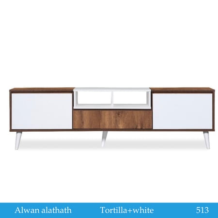 طاولة-تلفزيون-ابيض-وخشبي-غامق