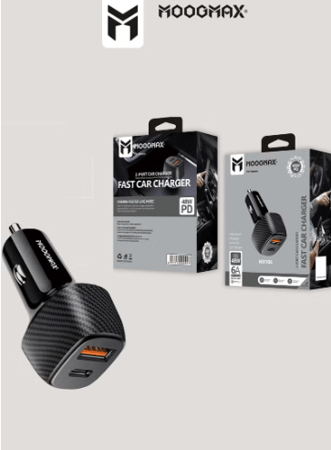 شاحن سيارة بقوة 48W, بمنفذ تايب سي (Type-C) PD يدعم الشحن السريع و منفذ يو اس بي (USB) بتقنية كوالكوم QC3.0 لشحن السريع. باللون الأسود من موج ماكس