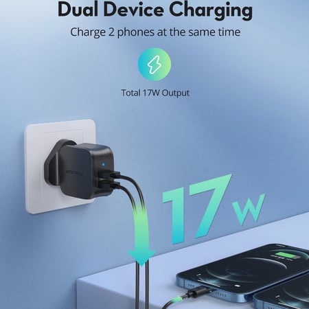 فيش جداري راف باور 17w كومبو بمنفذين usb مع كيبل لايتننق 1m