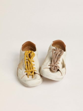 Women's True-Star in white nappa leather with gold star and beige suede heel tab