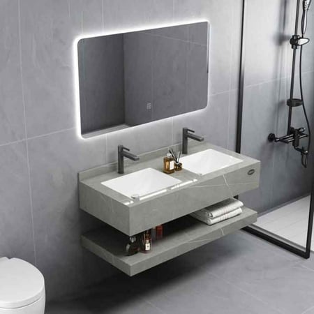 مغسلة حوضين رخام صناعي ليزر لامع رمادي  مع مرايا ليد - مقاسات متعددة