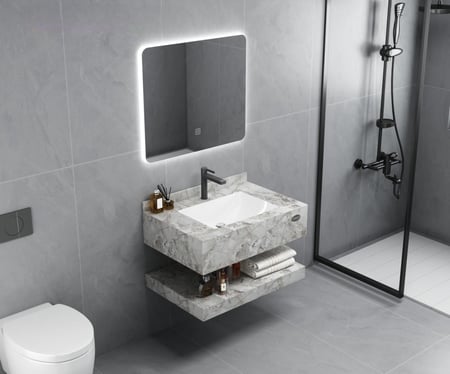 مغسلة رخام صناعي ليزر لامع رمادي مع مرايا ليد - مقاسات متعددة - البيت