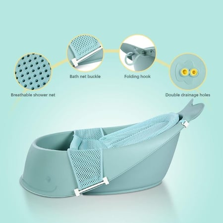 حوض استحمام للأطفال مع شبكة قماش شبكية غير قابل للانزلاق مع فتحة تصريف ويدعم وضعية الاستلقاء للأطفال حديثي الولادة