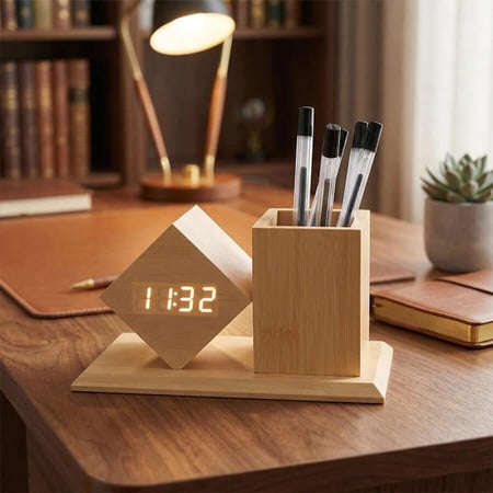 ساعة رقمية LED مع منبه وحرارة ومنظم أقلام بثلاث مستويات سطوع 1