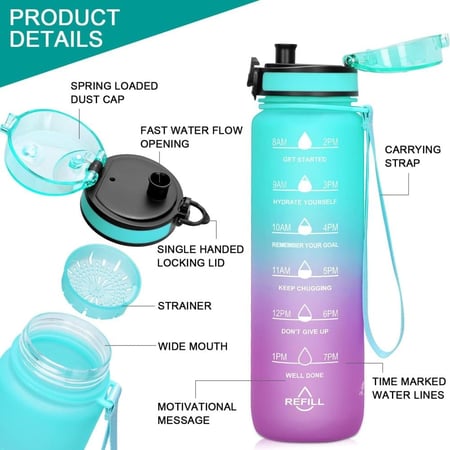 زجاجة ماء بسعة 1 لتر مع مؤشرات تحفيزية.