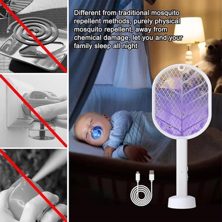 مضرب ناموس كهربائي 2700 فولت بشحن USB وشبكة ثلاثية مع ضوء LED   7