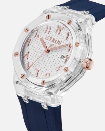 ساعة رجالية شفافة بسير من الربل بلون أزرق