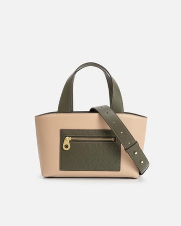 شنطة نسائية من الجلد مميزة بلون زيتي وبيج