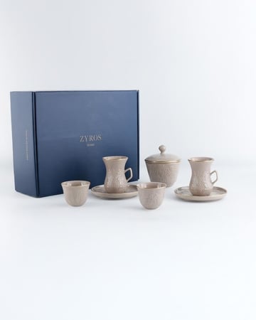 طقم فناجين قهوة وشاهي باللون البيج