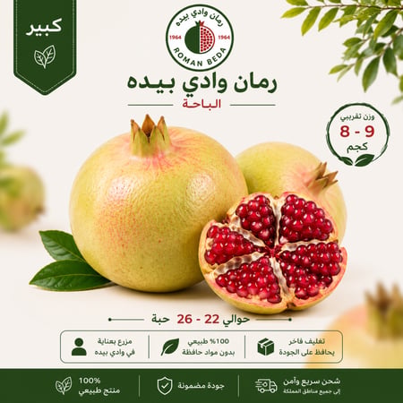 رمان بيدة الباحة حبات كبيرة بقشرة حمراء وجودة عالية