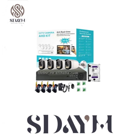 نظام كاميرات مراقبة عالي الجودة بدقة 3 ميجابكسل و4K مع صوت وألوان، يحتوي على محرك أقراص صلبة بسعة 1 تيرابايت، مجموعة كاميرات مراقبة 4 قنوات.