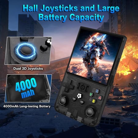 وحدة تحكم ألعاب فيديو طراز R36MAX ريترو مطور 2025 مع 64G مدمج بأكثر من 18000 لعبة كلاسيكية، وحدة تحكم ألعاب فيديو محمولة بنظام لينكس شاشة IPS 4.0 بوصة، بطارية قابلة لإعادة الشحن 4000mAh، لون أسود