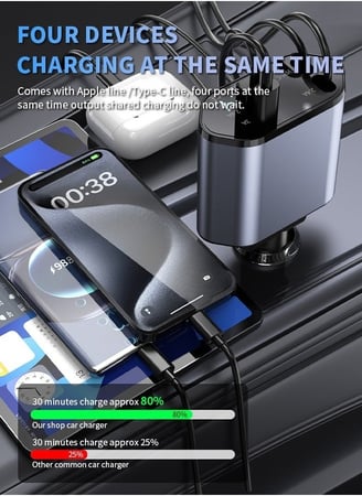شاحن سيارة قابل للسحب 4 في 1 مع شحن سريع ذكي، يدعم 4 أجهزة في وقت واحد، متوافق مع الهواتف المحمولة/سماعات الأذن/الأجهزة اللوحية