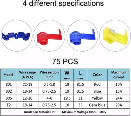 50 قطعة سكوتش قفل موصلات تفريع الأسلاك، محطات لصق سريعة الكبس غير مدمرة (ازرق) للسلك AWG 22-18