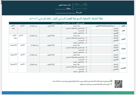 خطة النشاط اللاصفية