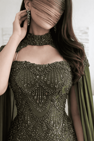 فستان سهرة زيتي فاخر بتطريز يدوي