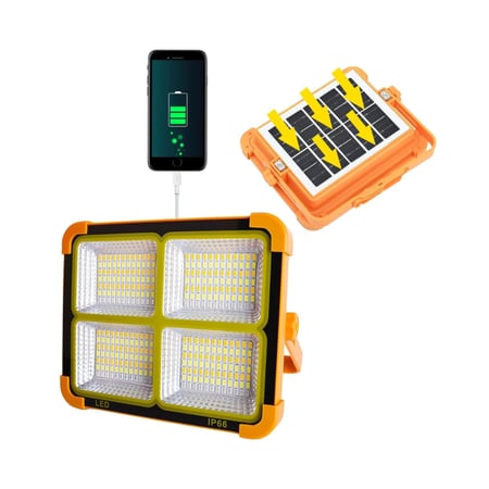 Rechargeable LED Work Light with Solar Panel, Portable Outdoor Floodlight with Adjustable Brightness