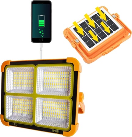 Rechargeable LED Work Light with Solar Panel, Portable Outdoor Floodlight with Adjustable Brightness