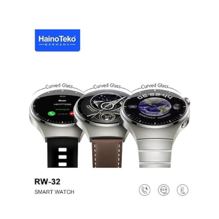 ساعة هاينو تيكو ألمانيا الذكية 4 برو RW-32 مع شاشة AMOLED زجاجية منحنية و 3 أحزمة قابلة للتبديل (أسود).