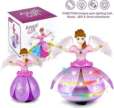 دمية الملاك الراقصة الموسيقية مع أضواء LED 3D، موسيقى ودوران 360° - لعبة الجنية الموسيقية الكهربائية بامب آند جو للأطفال
