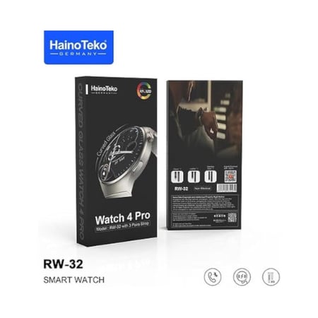 ساعة هاينو تيكو ألمانيا الذكية 4 برو RW-32 مع شاشة AMOLED زجاجية منحنية و 3 أحزمة قابلة للتبديل (أسود).