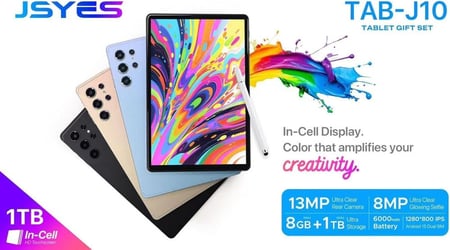 Jsyes TAB J10 Tablet, 1TB Storage, 8GB RAM, 13MP Camera, 6000mAh Battery, 5G WiFi, Android 15