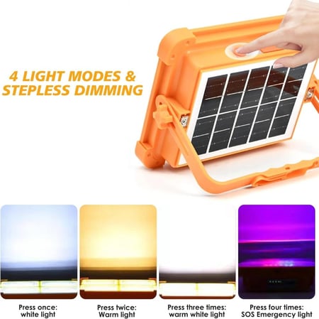 Rechargeable LED Work Light with Solar Panel, Portable Outdoor Floodlight with Adjustable Brightness