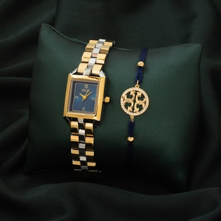 طقم ساعة استيل  وإسواره خيط راقيه  باللون الفضي والذهبي ميناء كحلي