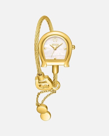 ساعة فاخرة بتصميم مبتكر باللون الذهبي