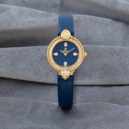 ساعة نسائية جلد فصوص باللون الذهبي ازرق ميناء ازرق