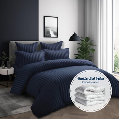 مفرش فندقي مزدوج مع الحشوة القابلة للنزع - 9 قطعة - أزرق داكن