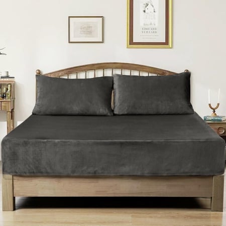 طقم شراشف مخملي ذو وجه واحد مفرد ونص - 3 قطع - رمادي غامق