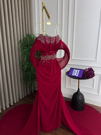 فستان سهره اللون  زيتي  جورجيت مطرز   من متجر جوهره LS FR