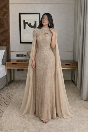 فستان بيج فاخر بتطريز كريستالي مع كاب شيفون