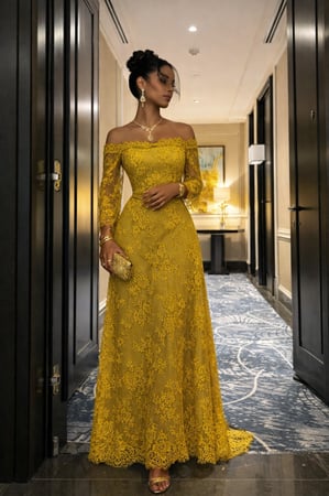 فستان ذهبي فستقي دانتيل للمناسبات