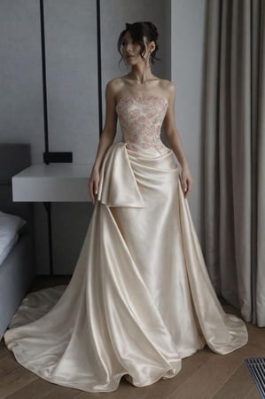 فستان سهرة فاخر بلون بيج مطرز بقماش ميكادو