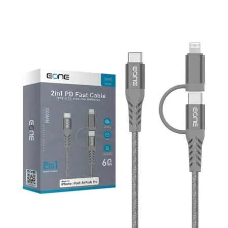 أي ون كيبل شحن 60 واط 1.2 متر 2 في 1 رمادي