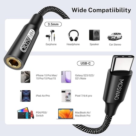 محول USB نوع C الى مقبس سماعة رأس 3.5 ملم من موسواج، محول صوت USB C الى كيبل دونجل AUX لآيفون 15 بلس/15 برو ماكس وسامسونج جالاكسي S25 S24 الترا S20+ نوت 20 10، بكسل 8 7 6 5 والمزيد